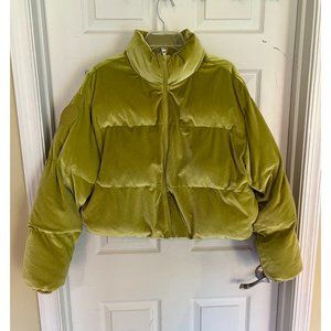 Fabletics Wander Velour Cropped Puffer Jacket Lime Green Golden Leaf Medium